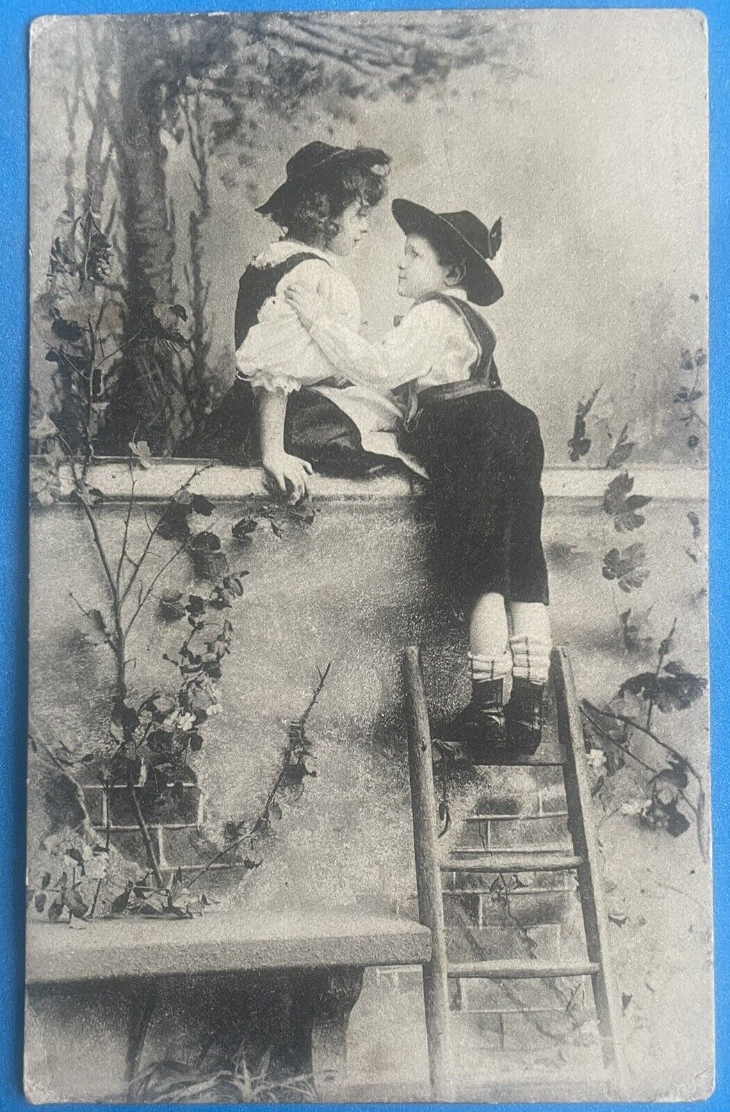 Vintage Romantic German Postcard 1900s Children on Ladder Scene Charlottenburg