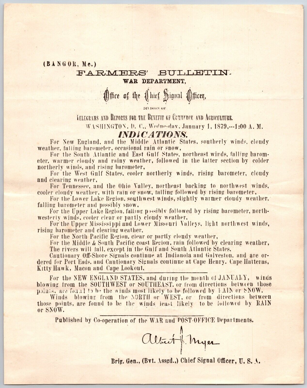 Bangor, ME Chief Signal Office, War Department Farmers\' Bulletin - Jan. 1, 1879