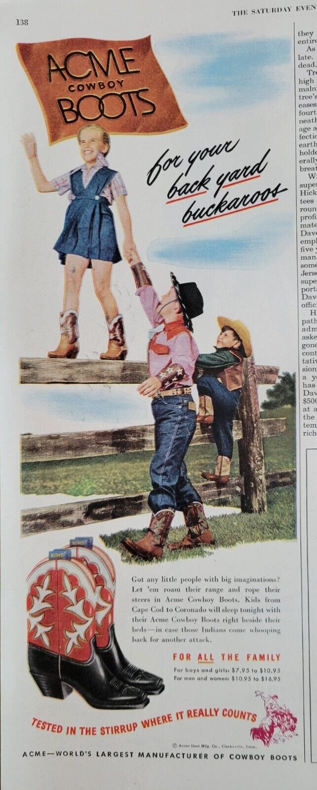 1948 Acme  Girls boys cowboy boots backyard buckeroos vintage fashion ad