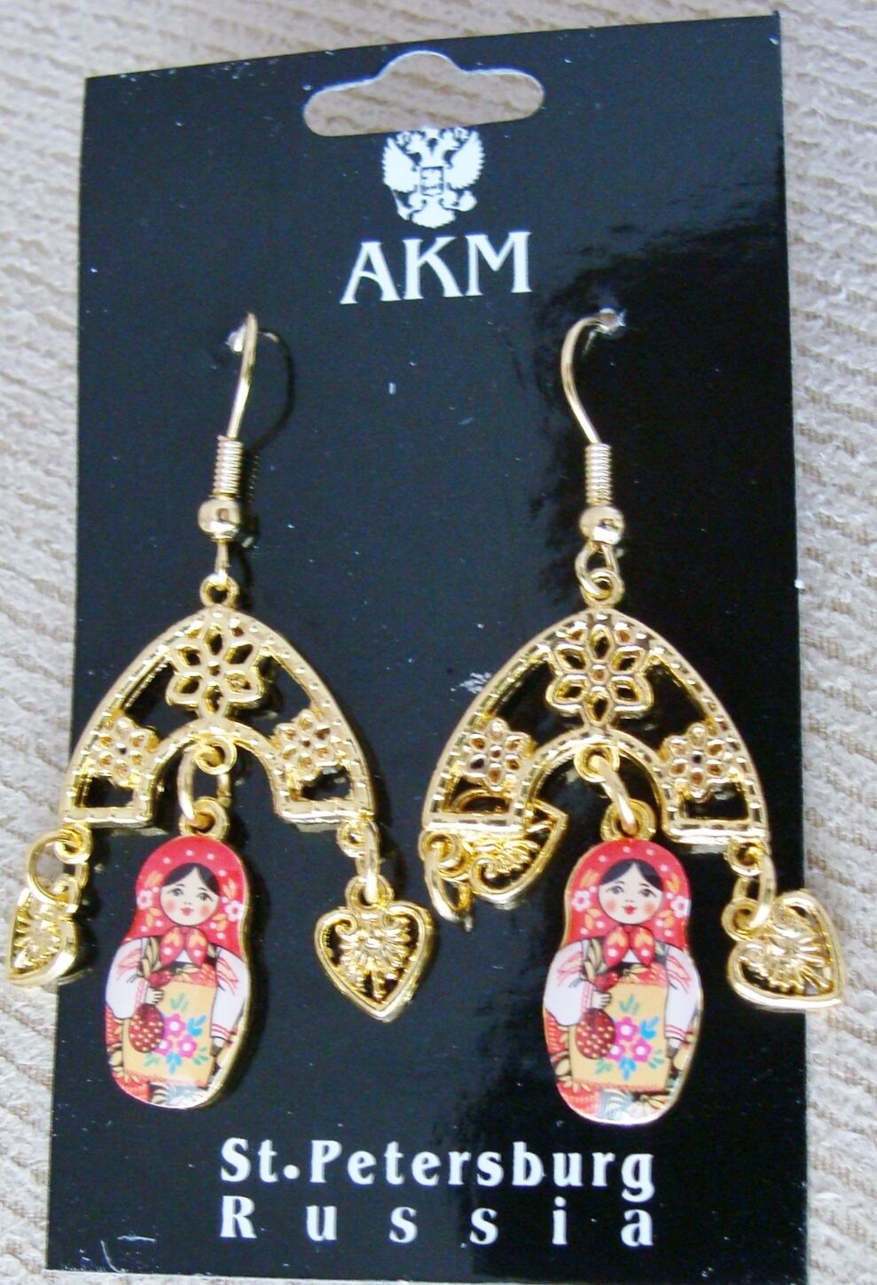Russian traditional gold color metal earrings dolls old style. Made in St Peters