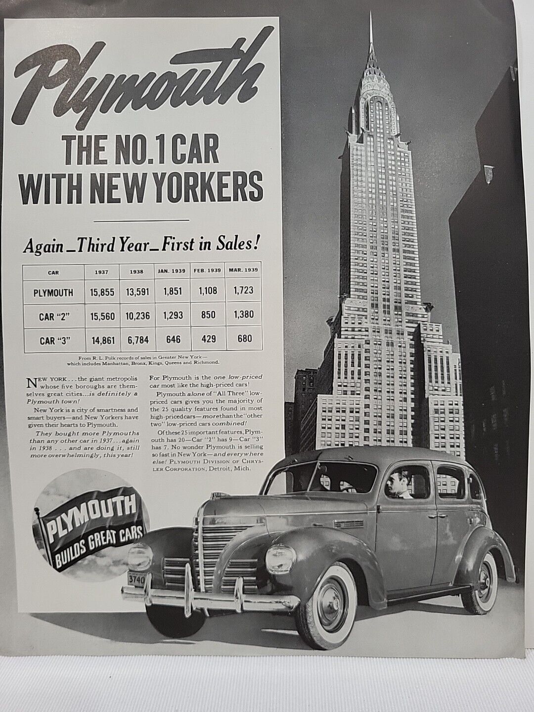 1939 Plymouth Automobile Fortune Magazine Print Advertising Cars NYC Skyskraper