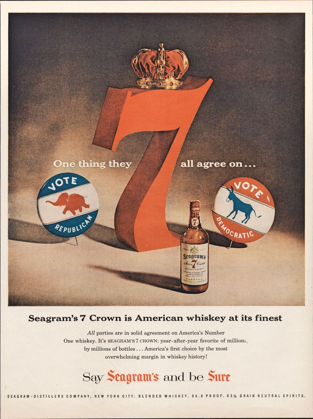 1956 Seagram\'s 7 Crown Whiskey Vintage Print Ad Democrat Republic Politics Art