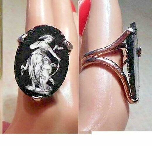 Victorian Mother Daughter Ring Hand Painted Porcelain HUGE Gold Plated Ring OOAK