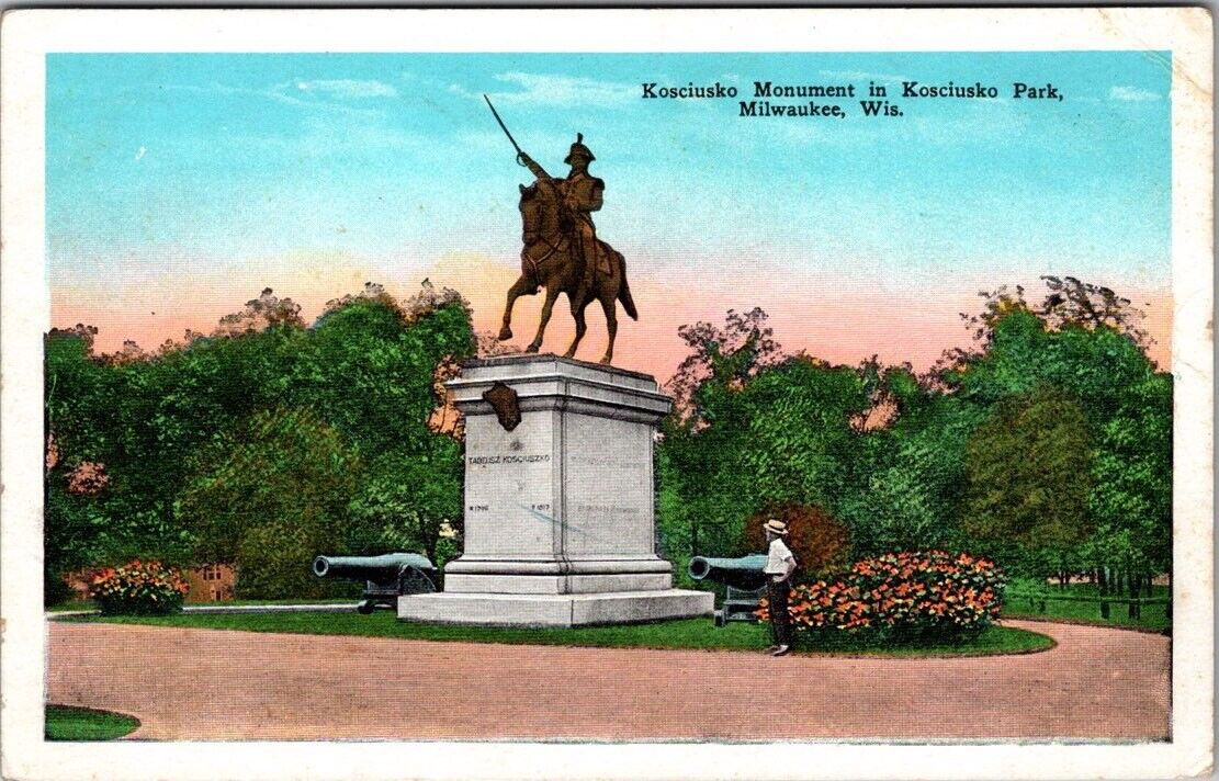 Vintage Postcard - Milwaukee WI Wisconsin, Kosciusko Monument & Park, German