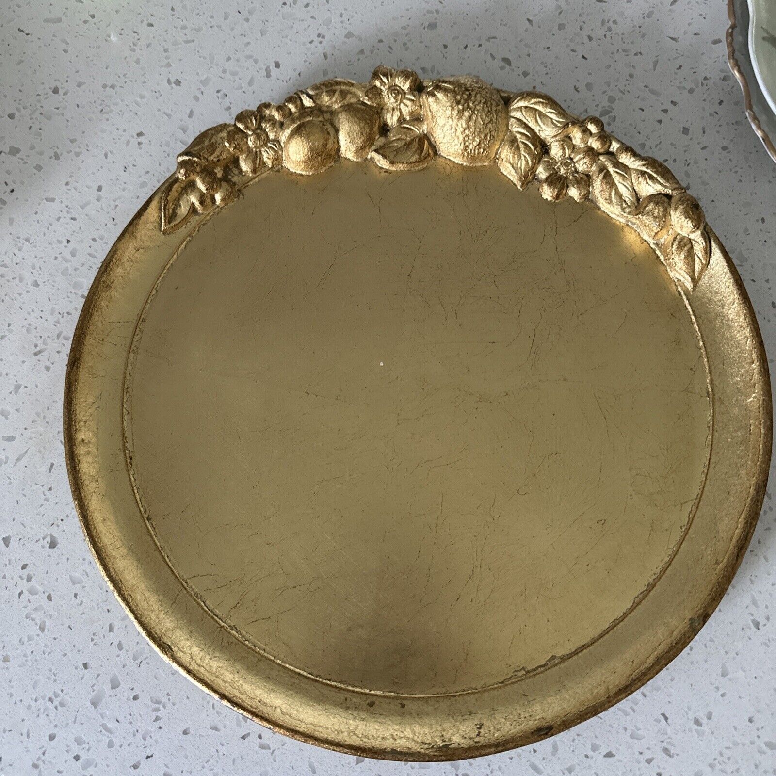 VTG Florentine Gold Gilt Round Fruit Design Decorative Tray 12 1/2” Italy