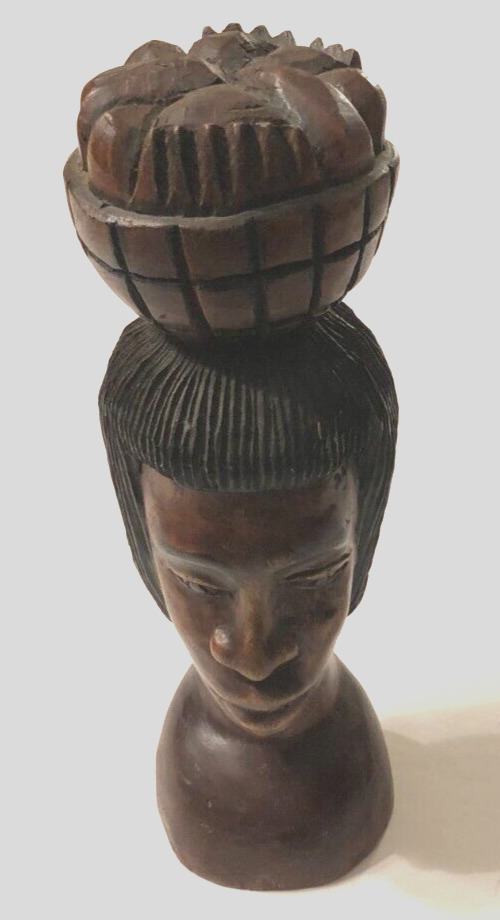 $65 African Signed Hand Carved Wooden Bust Figure Brown Vintage Art Man Basket