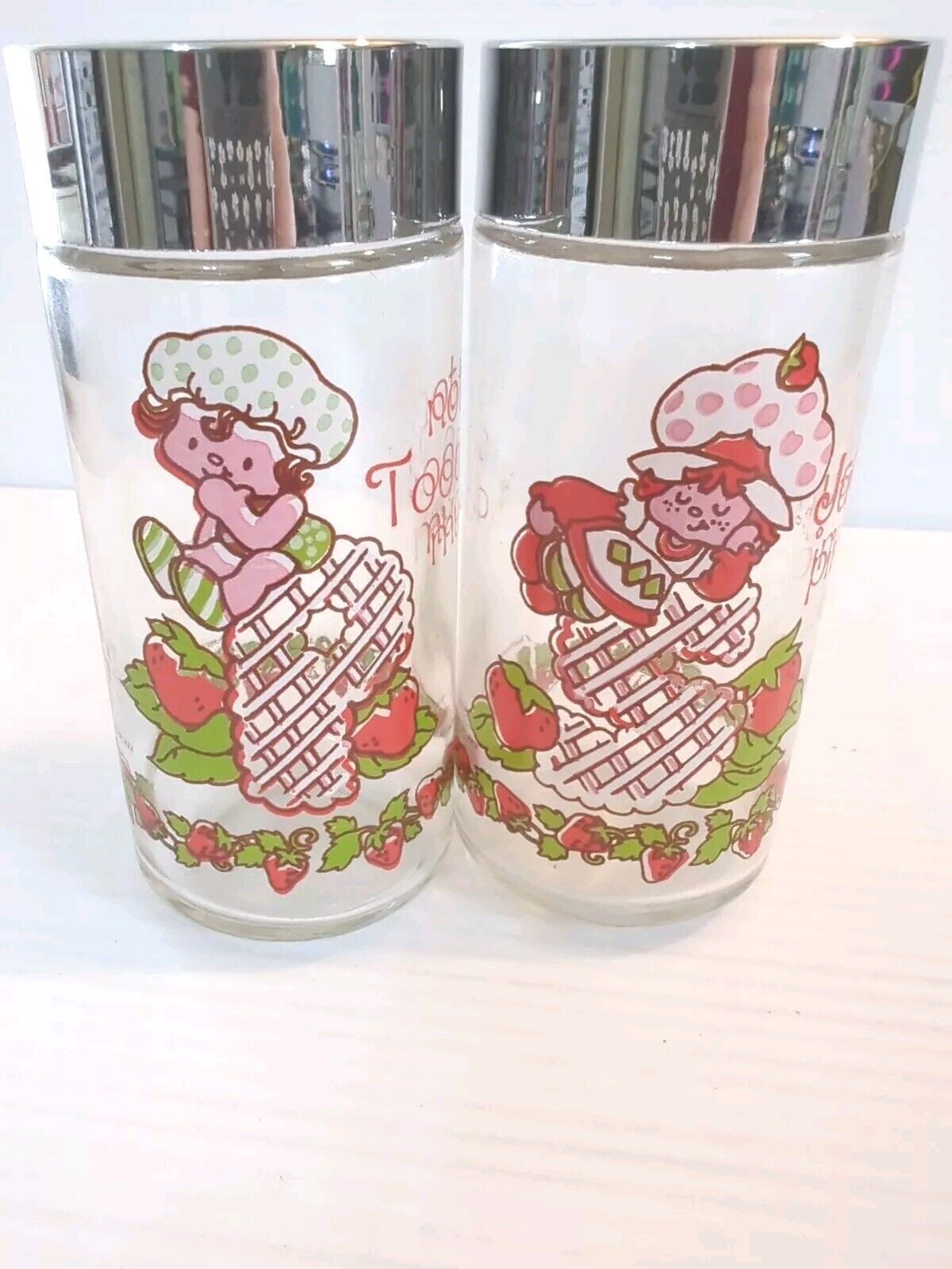 Vintage 1980 Strawberry Shortcake Salt & Pepper Shaker Set Glass