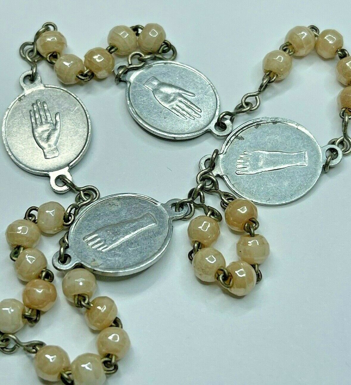 † SCARCE ANTIQUE FIVE WOUNDS OF JESUS STIGMATA GLOSSY GLASS ROSARY CHAPLET  †