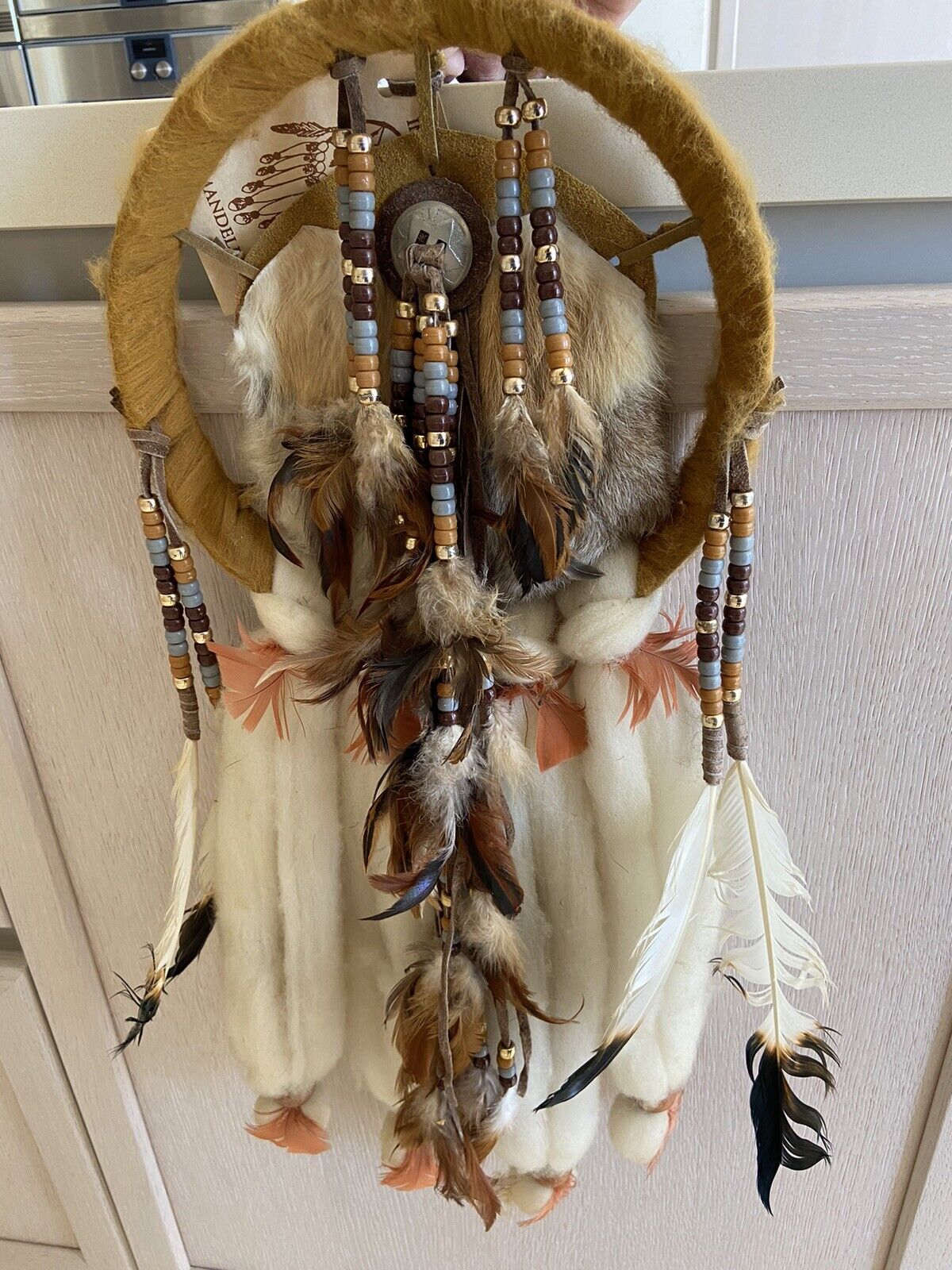 Vtg Native American Indian Dream Catcher Mandella Wool Fur Leather Beads Large
