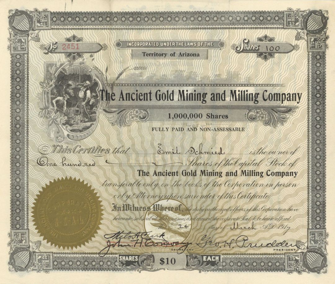 Ancient Gold Mining and Milling Co. - 1917-1921 dated Arizona Mining Stock Certi
