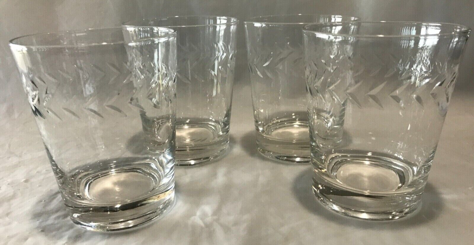 Vintage Etched Whiskey Glasses/Old Fashioned-Baseball Laces-Heavy- Set of 4