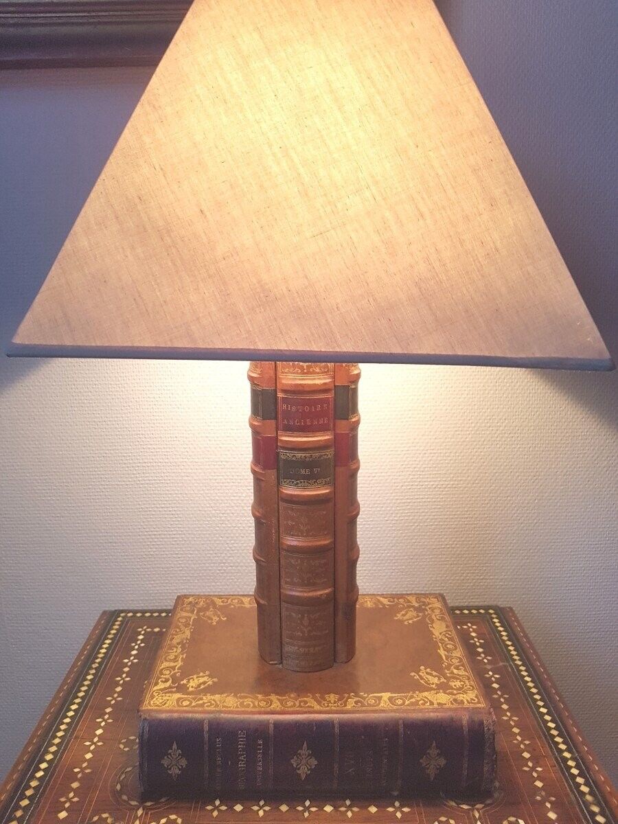 Rare Antique Large Table Lamp Base French Leather Old Books 19th Century 40 cm