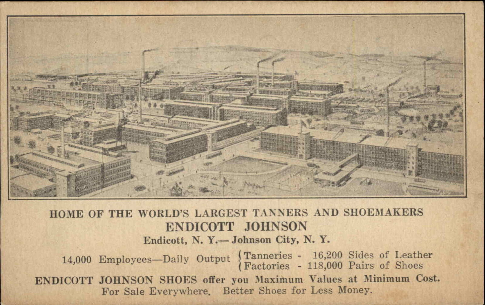 Endicott Johnson City NY Tannery & Shoe Making Factory c1910 Postcard
