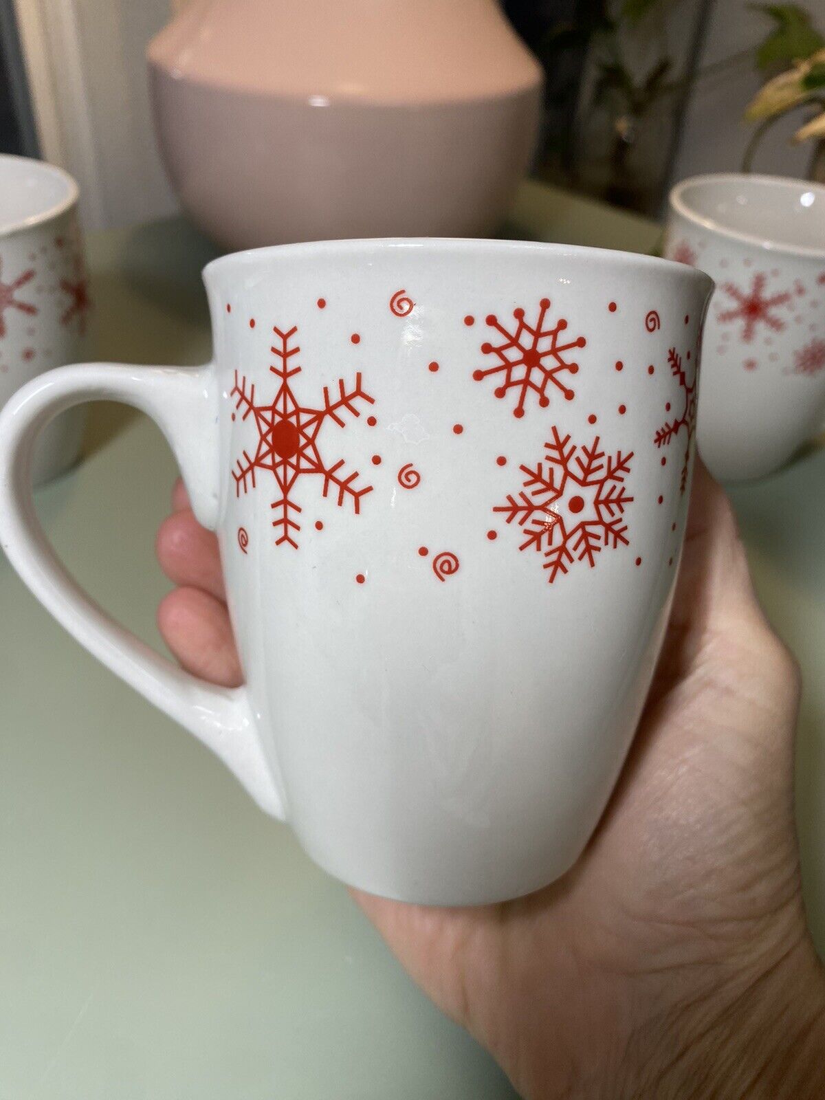 Set Of four (4) Royal Norfolk White Mugs Red Snowflakes-Elegant And  Festive