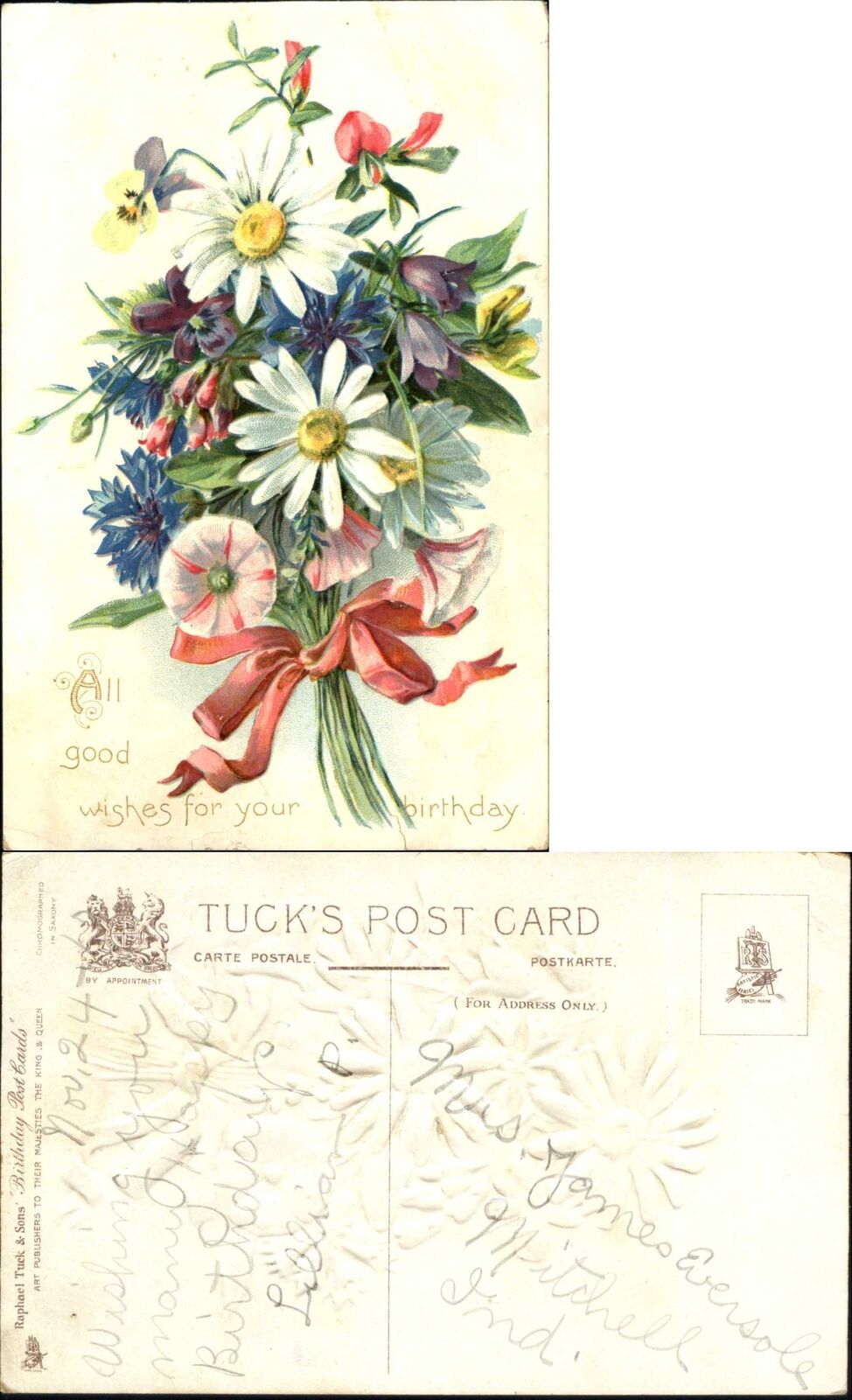 Birthday vintage postcard ~ Tuck bouquet many flowers ~ Bday1395