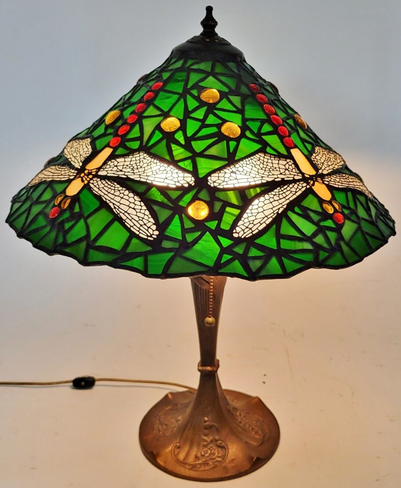 VINTAGE 20th C Tiffany Style Leaded STAINED GLASS & Bronze Base DRAGONFLY LAMP