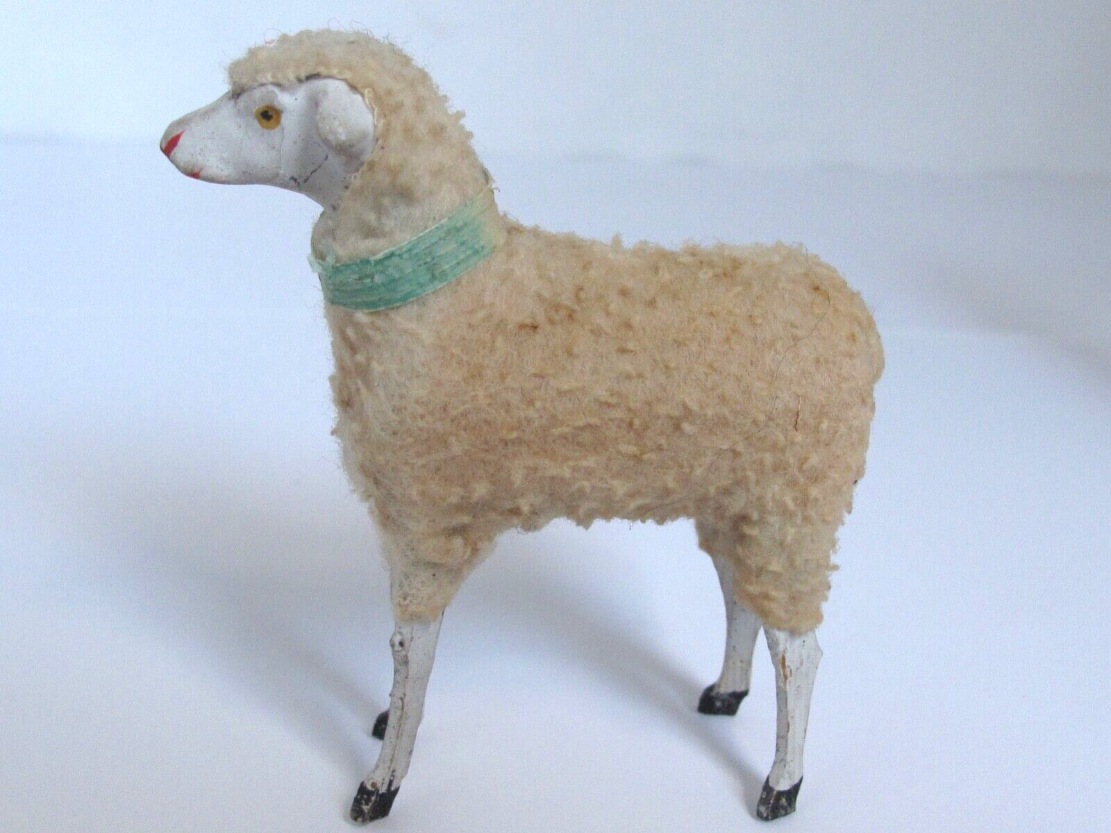 Antique German Wooly 3 1/4” Putz Sheep Wood Stick Legs Blue Collar