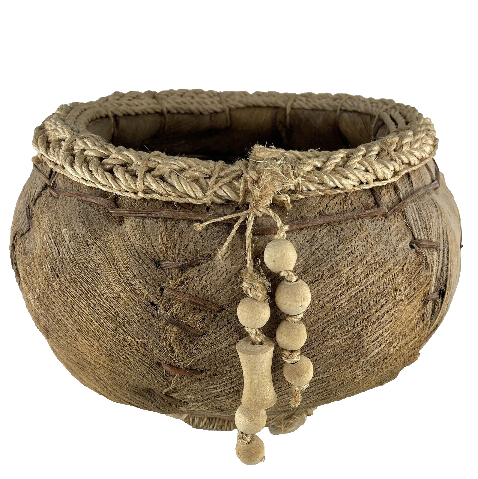 Woven Banana / Coconut Husk Basket Planter BOHO w Rope Trim & Wood Beads 14.5\