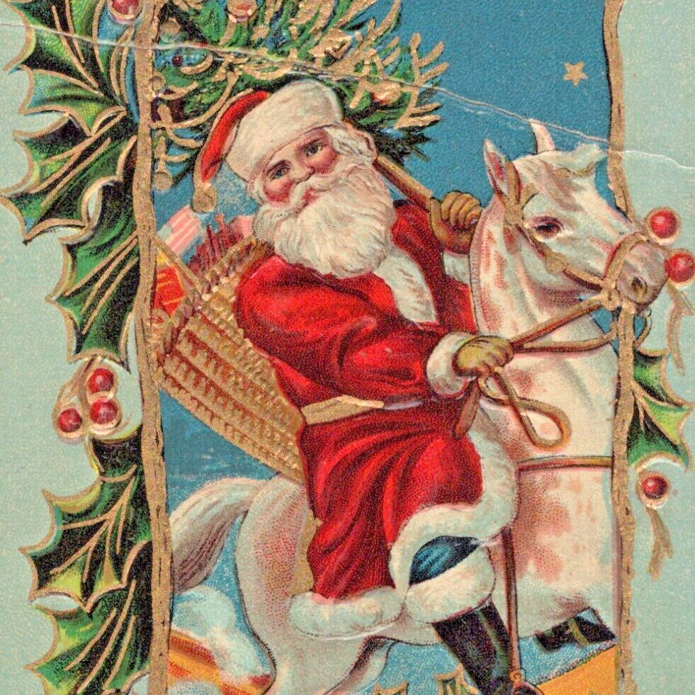 1900s Santa Claus Riding Horse Toys Presents Bag Merry Christmas Xmas Postcard