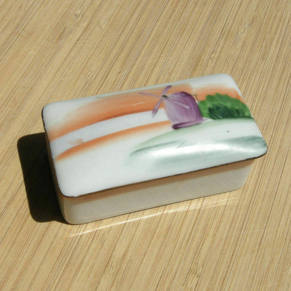 Small Vintage Trinket Box and Lid Windmill Design Meito Japan Hand Painted China