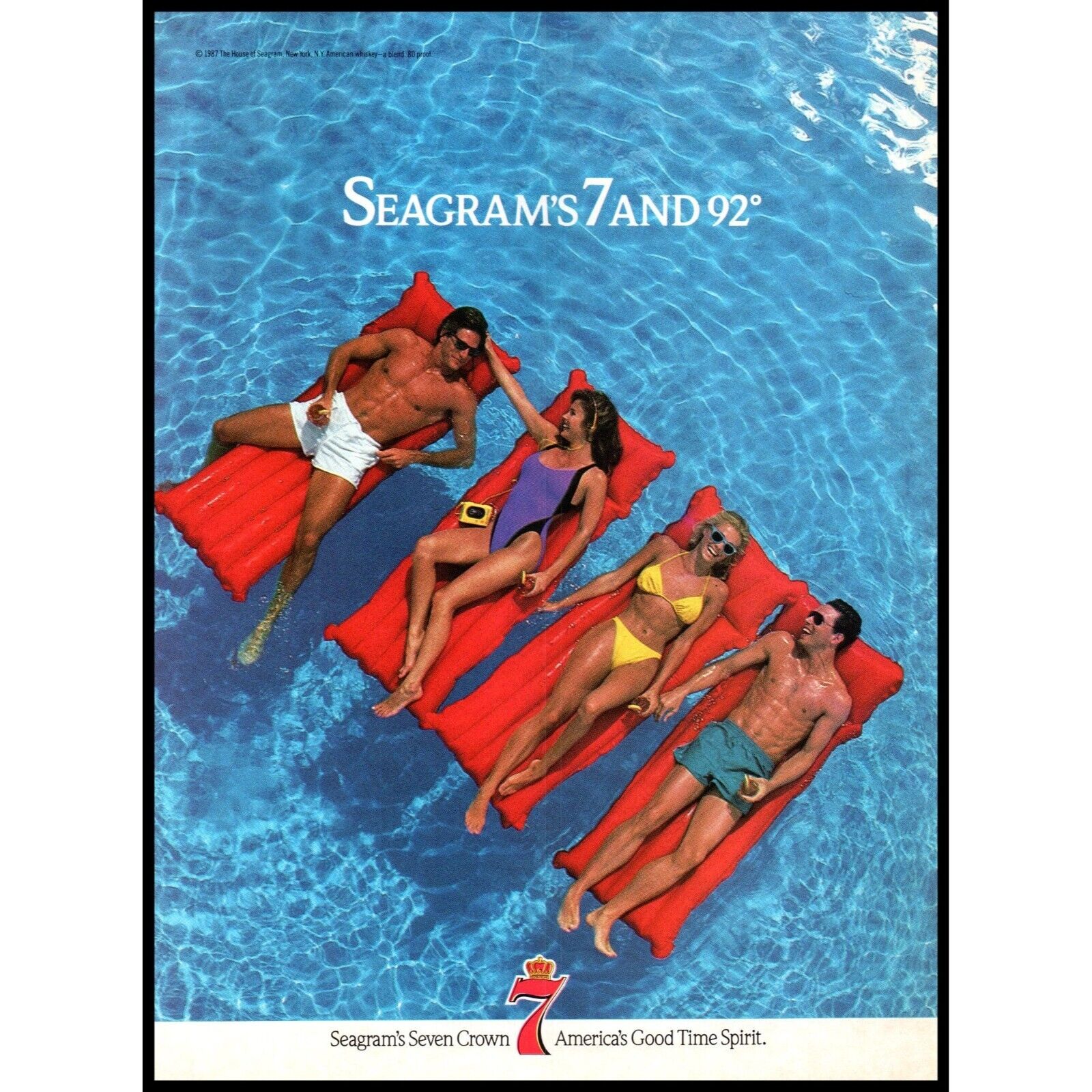 1987 Seagram\'s 7 Seven Crown Whiskey Vintage Print Ad Pool Yellow Bikini Photo