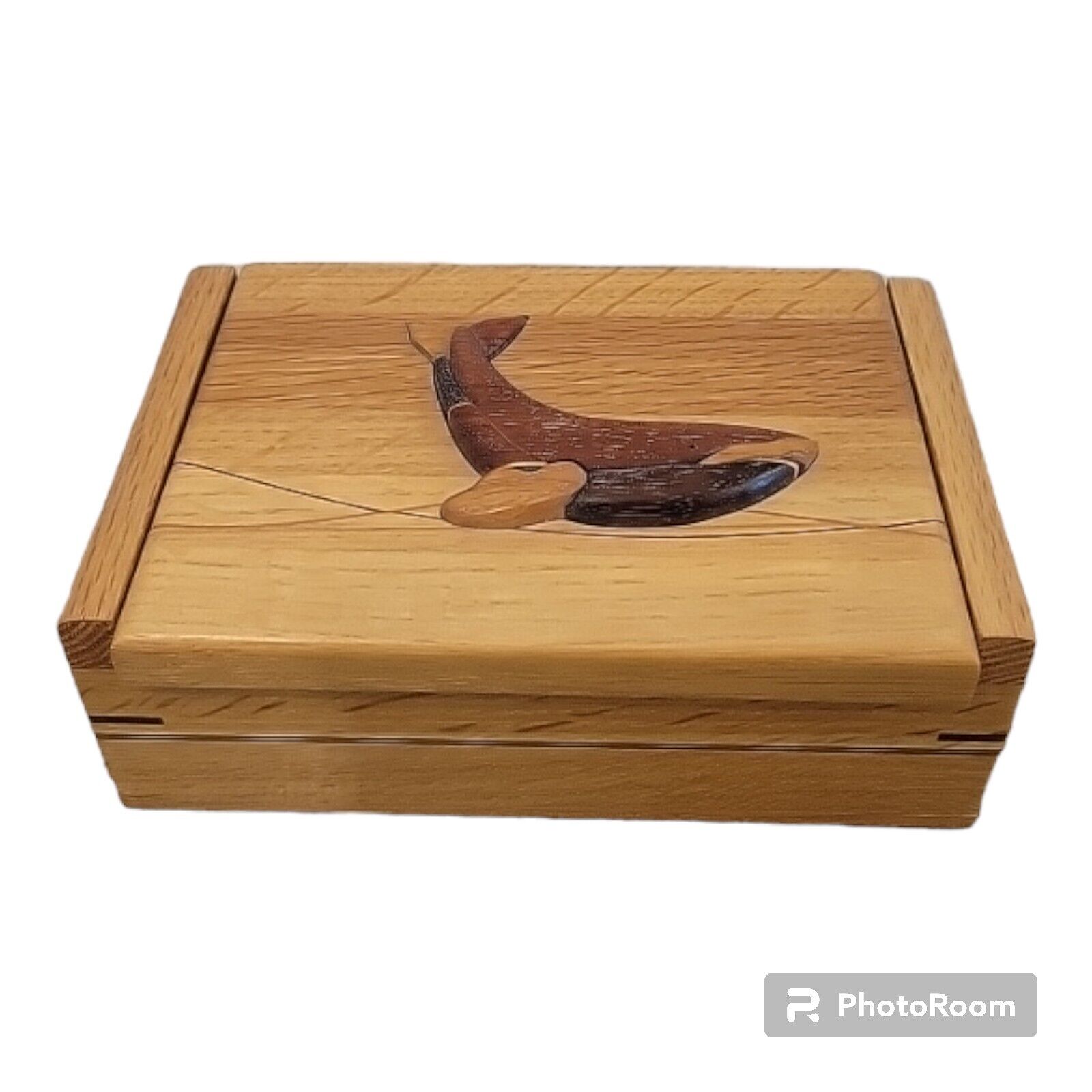 Vintage 3D Whale Wooden Inlay Jewelry Trinket Box