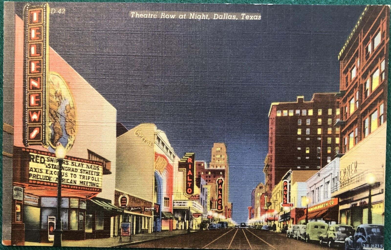 Dallas Texas~Theatre Row @ Night~Telenews~Rialto~Palace~Linen Postcard c1943