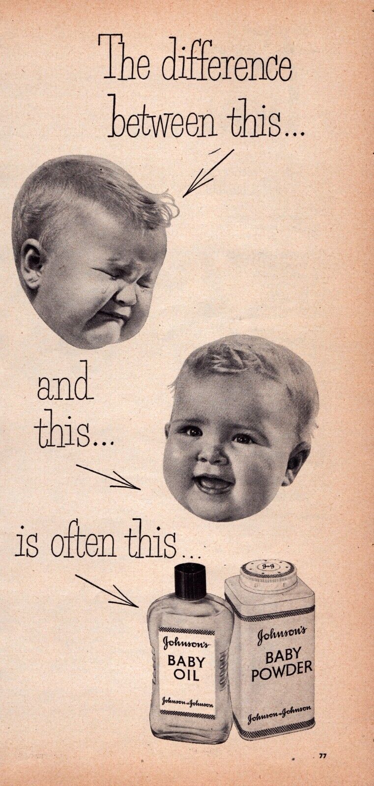 1953 Johnson\'s Baby Powder & Oil Happy Crying Babies Vintage Magazine Print Ad