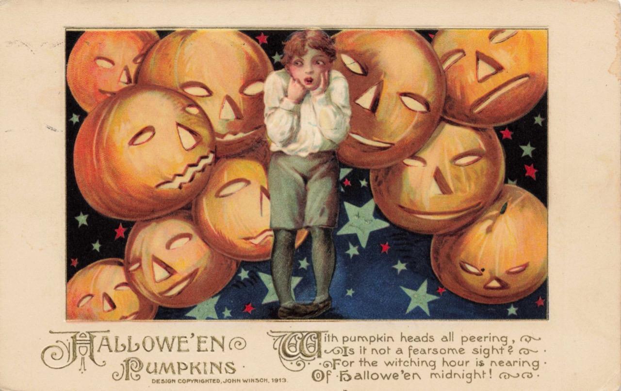 1911 WINSCH SCHMUCKER Halloween Postcard SCARED BOY & MANY PUMPKINS J-O-Ls