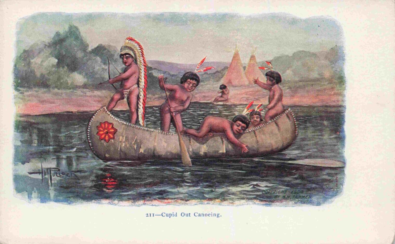 HM Pollock Cupid Out Canoeing Native American Unused Undivided Back Postcard