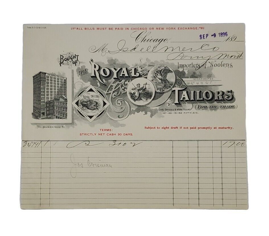 1896 Original Billhead: Chicago, IL, The Royal Tailors Pictorial