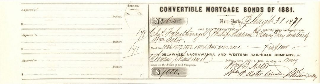 Delaware, Lackawanna and Western Rail-Road Co. Signed by Wm. B. Astor and Wm. W.