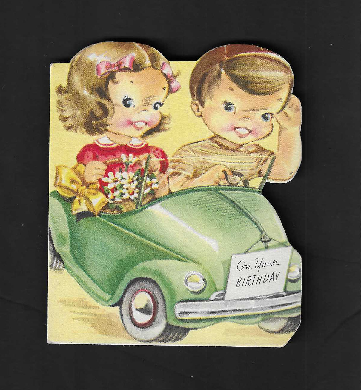 vintage #5-545 Greeting On Your BIRTHDAY Card Girl & Boy riding blue Car