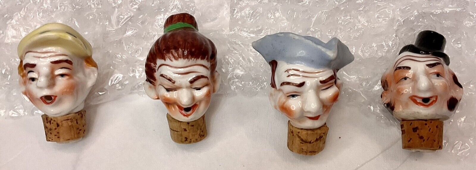 Vtg. Set/4 Porcelain Character Head Bottle Stopper/Pourer Japan Barware Kitsch