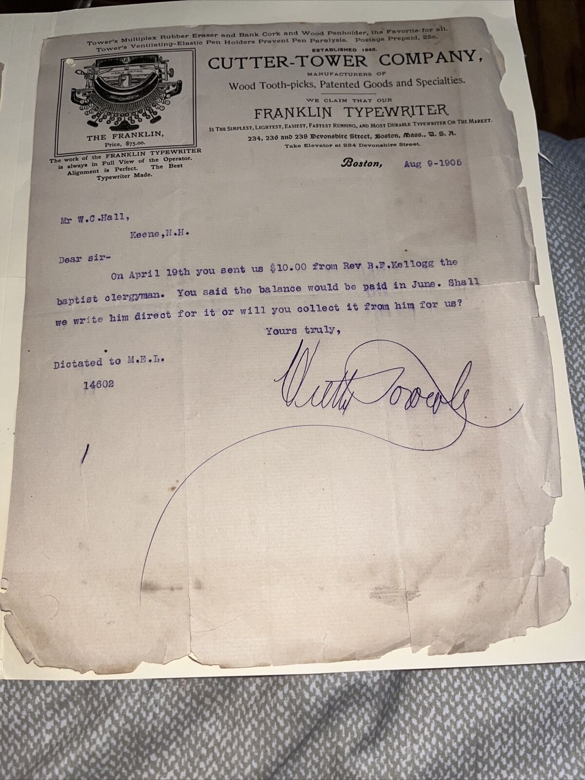 1906 Original Signed Letter: Cutter Tower Company Letterhead Franklin Typewriter