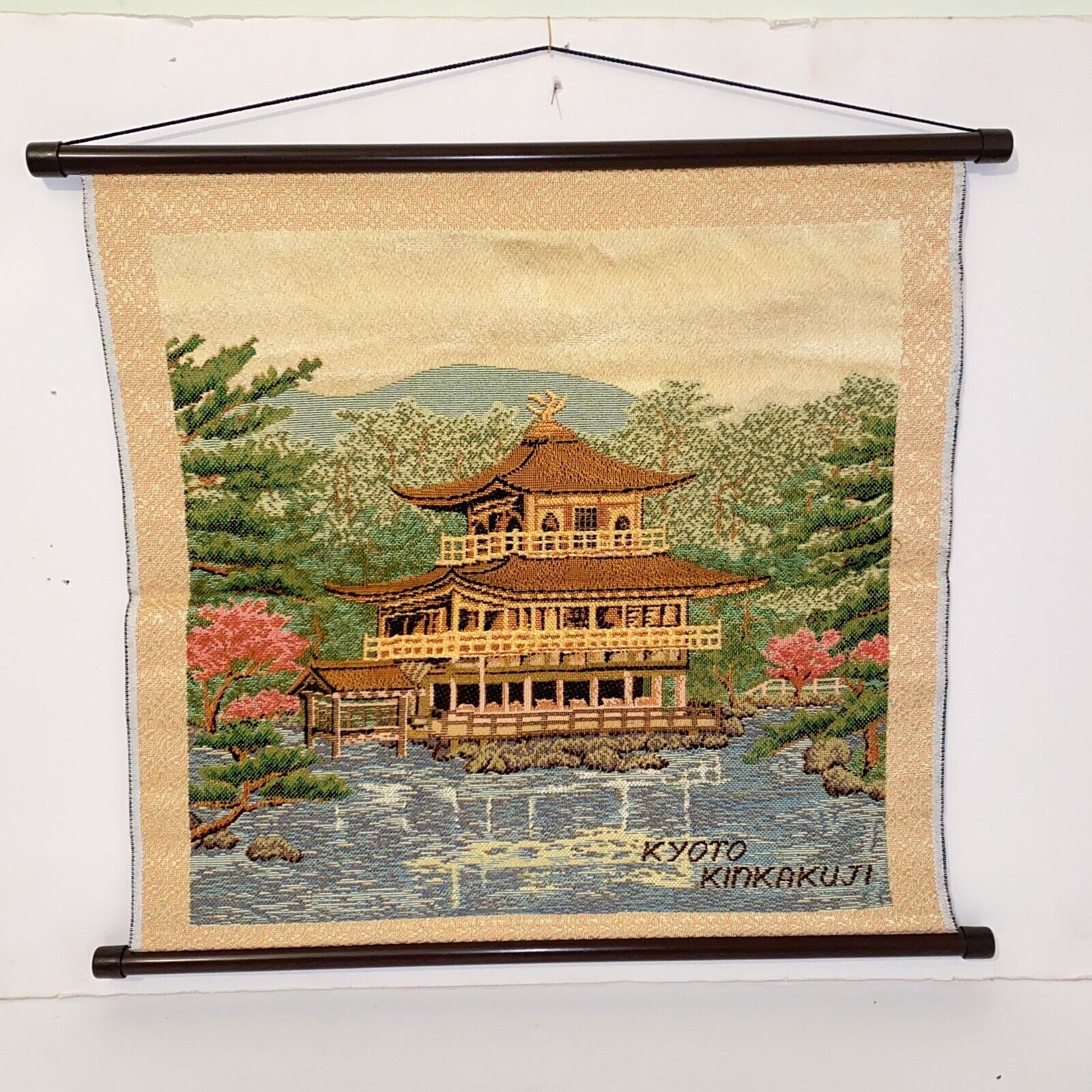 Vintage Kyoto Kinkakuji Temple Japan Woven Silk Tapestry Scroll Wall Hanging