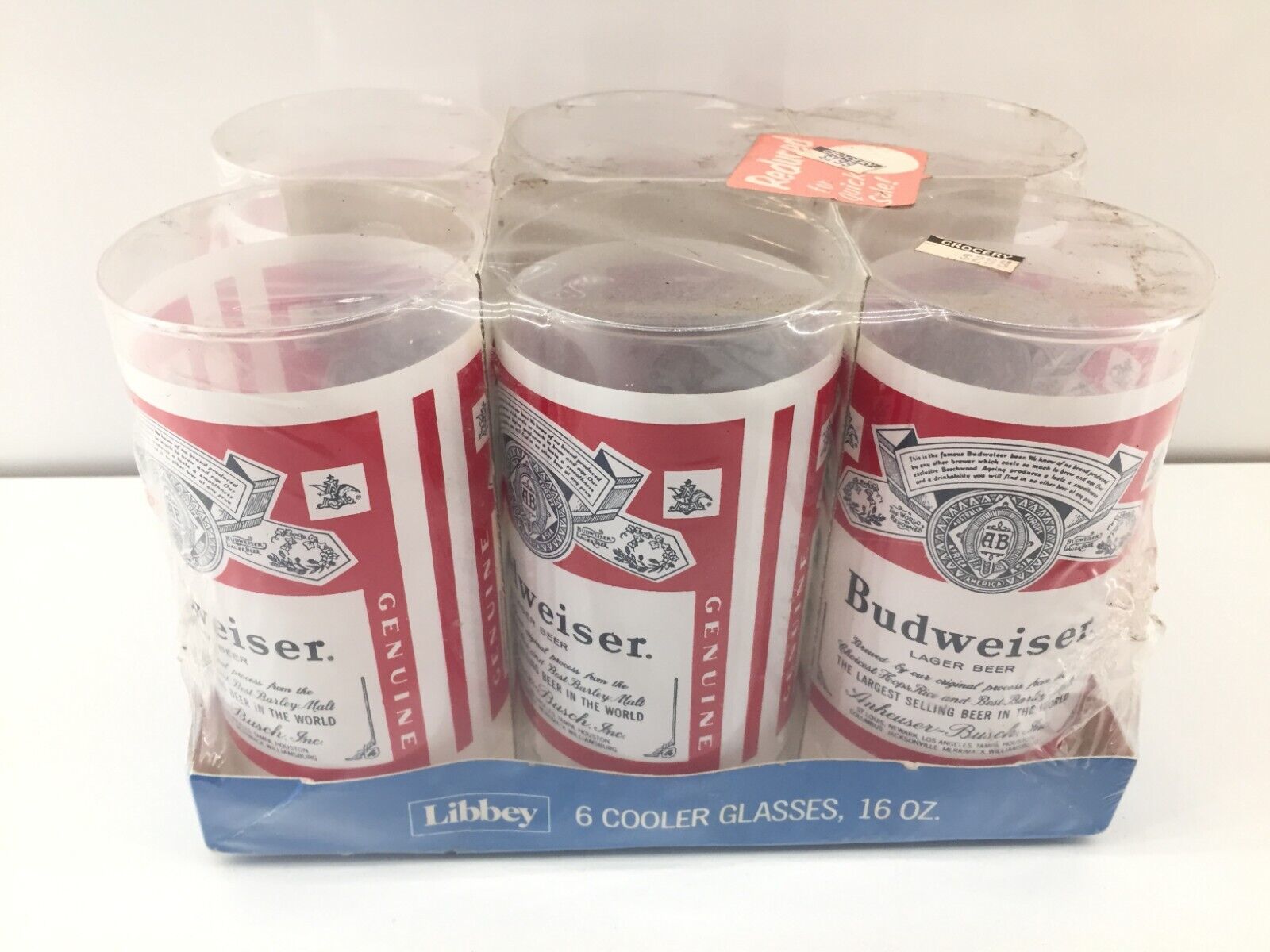 1970s Budweiser Beer 16 Oz Cooler Drinking Glasses by Libbey in Package ~ Sealed