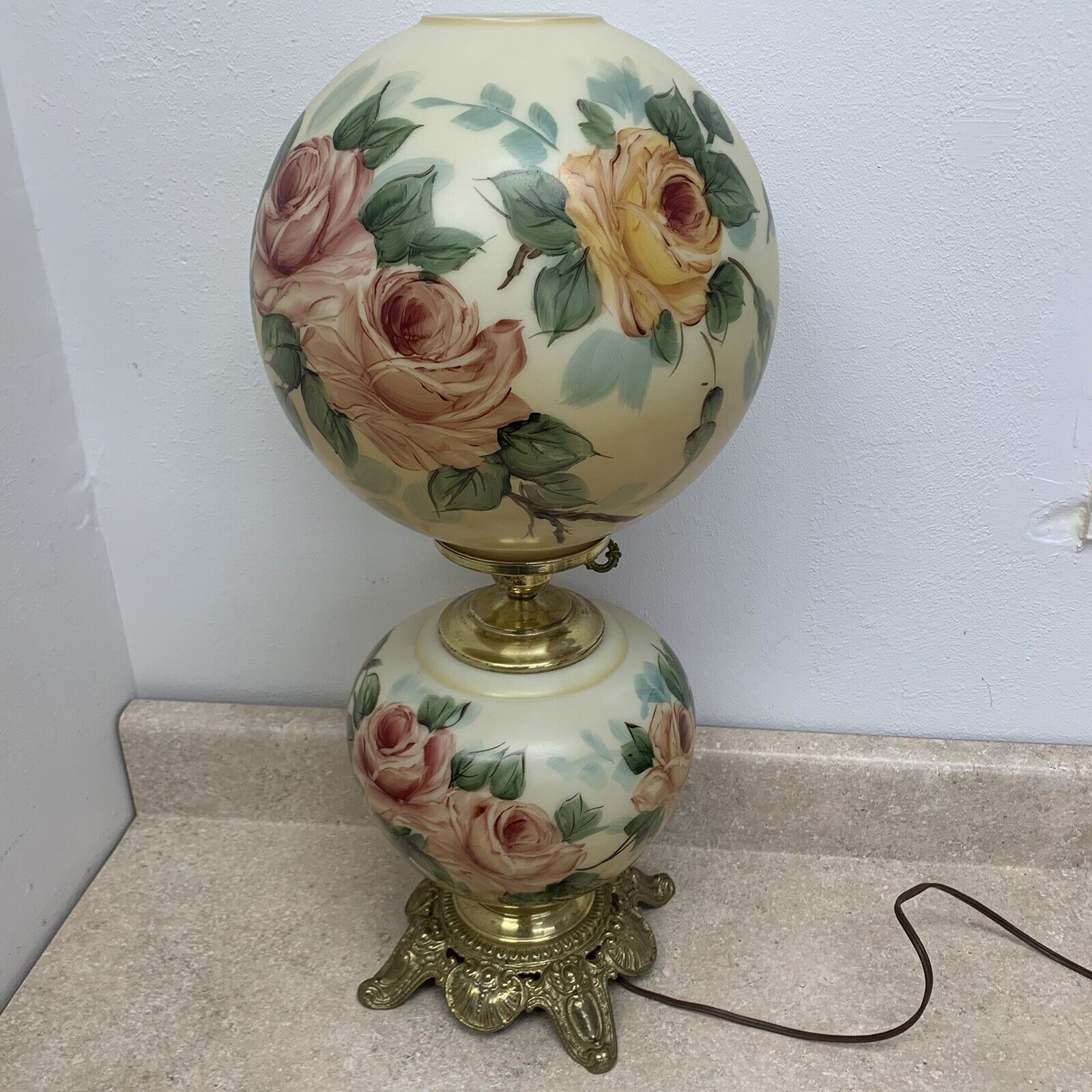 ATQ 1900s Fostoria Hand Painted Floral Rose Glass & Brass 24\