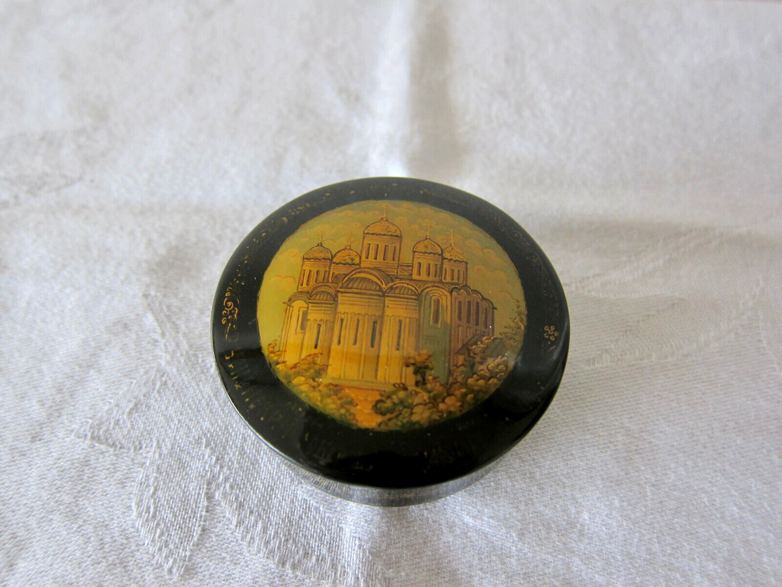Vintage Miniature Black Lacquer Russian Basilica Round Trinket Box - 2 1/4 in.