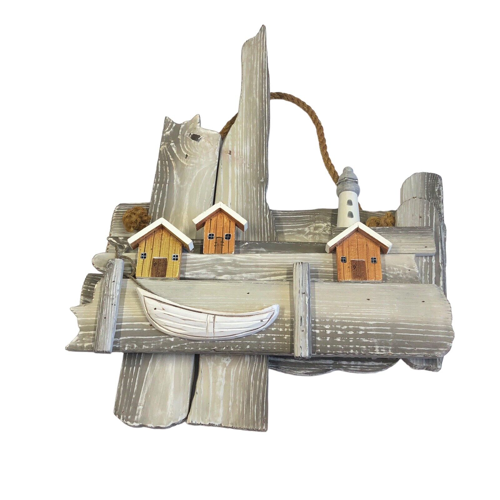 Wood Seascape Wall Hanging Lighthouse Boat Houses Gray White Distressed 20x14.5