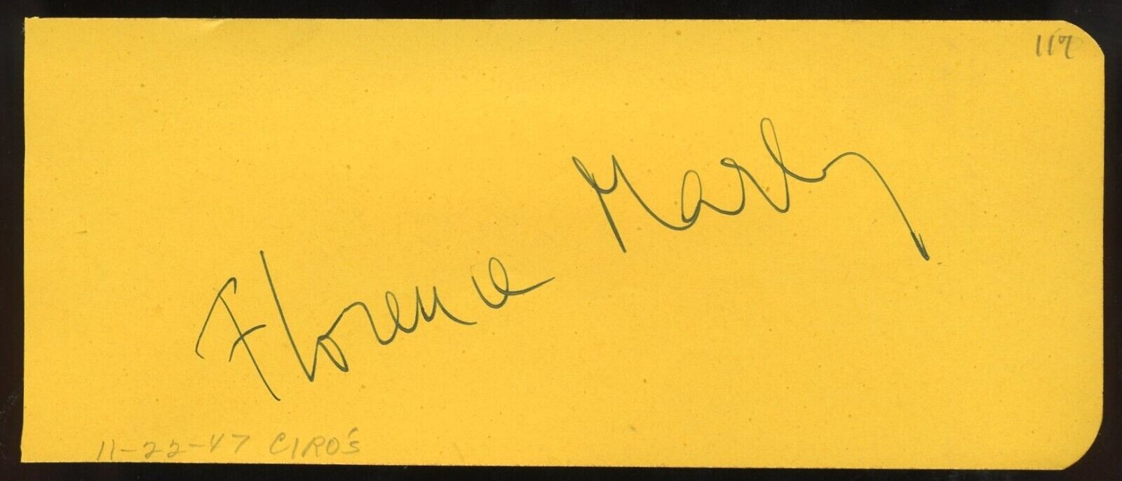 Florence Marly d1978 signed 2x5 autograph on 11-22-47 at Ciro's Night Club LA