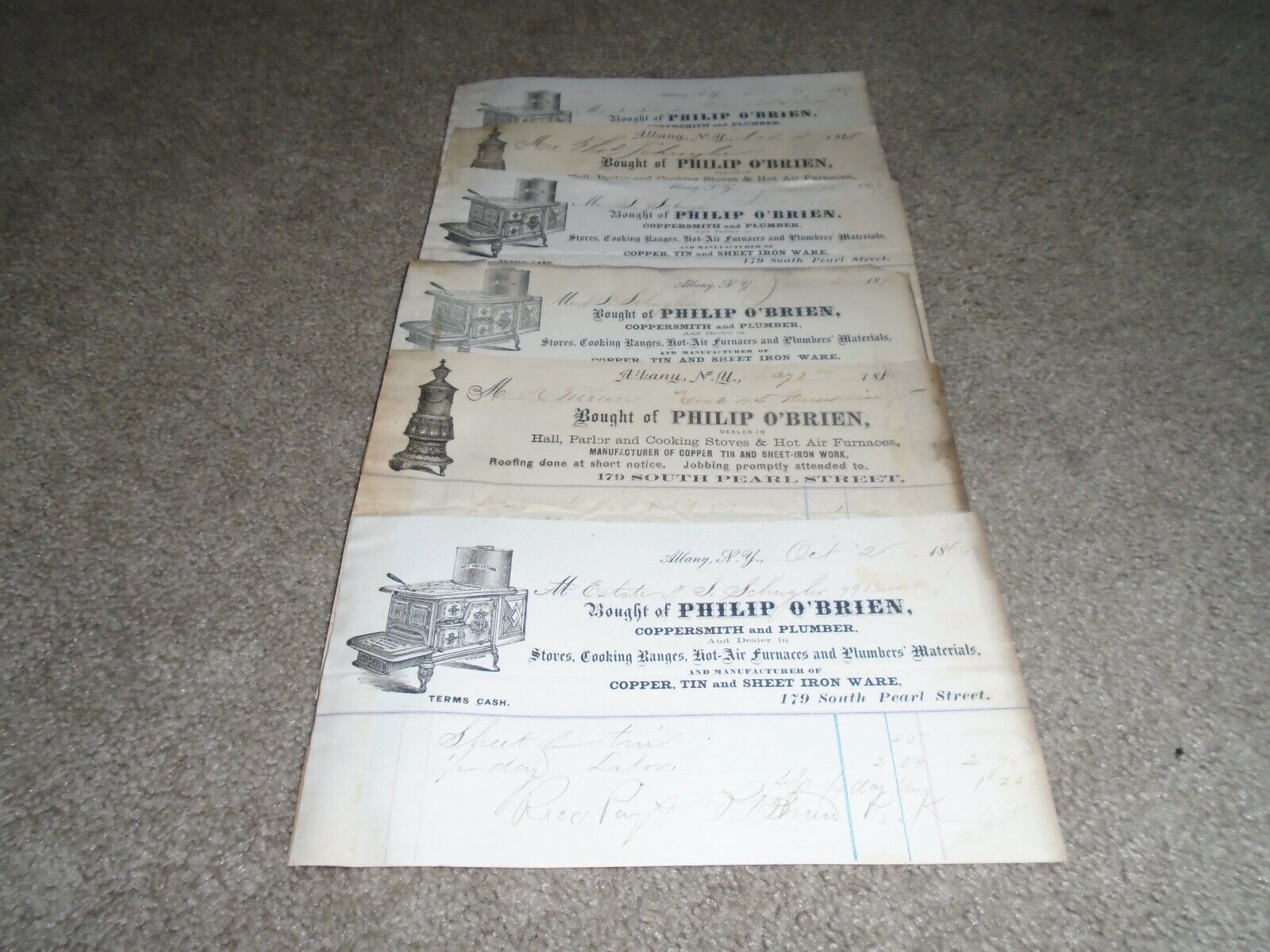 6 Letterheads/Billheads Stoves Philip O'Brien 1860's Albany NY