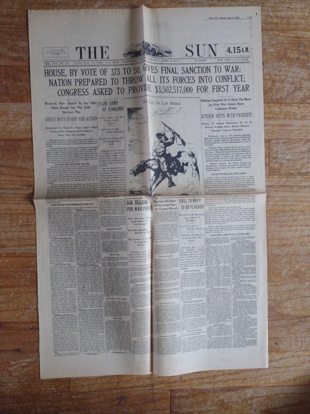 April 6th 1917 US TO ENTER WORLD WAR I Baltimore Sun NEWSPAPER READ