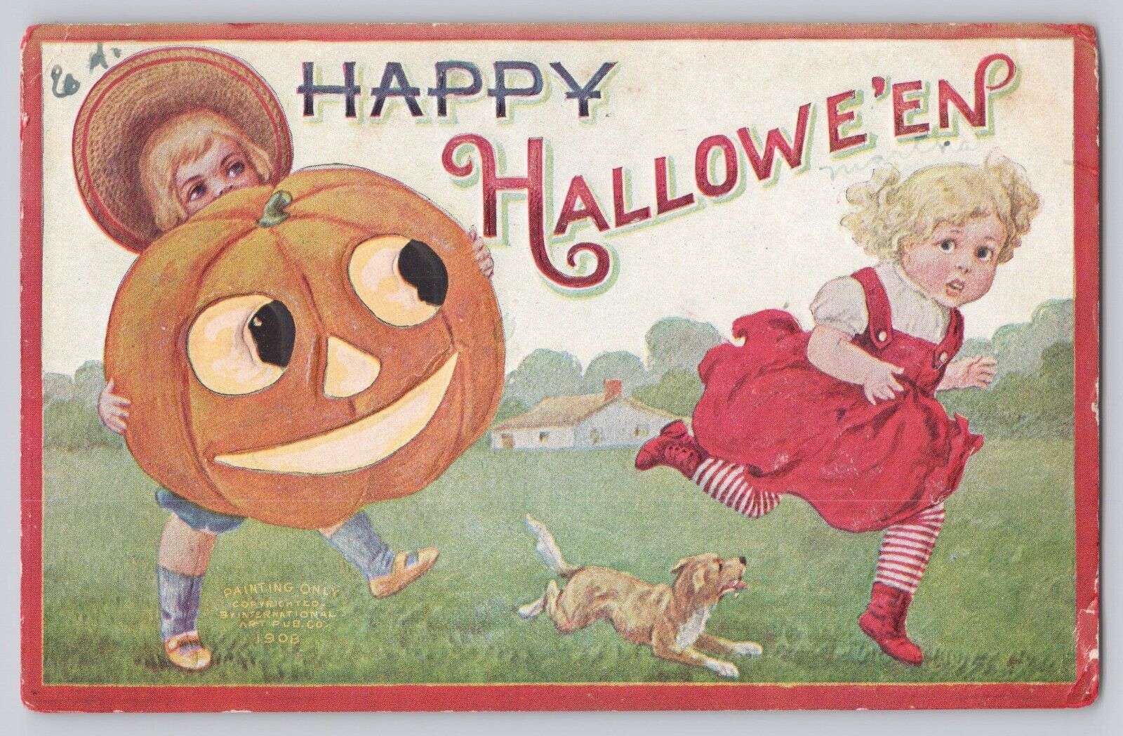 Halloween Postcard Boy Carries Giant JOL Pumpkin Scared Girl Dog Artist B. Wall