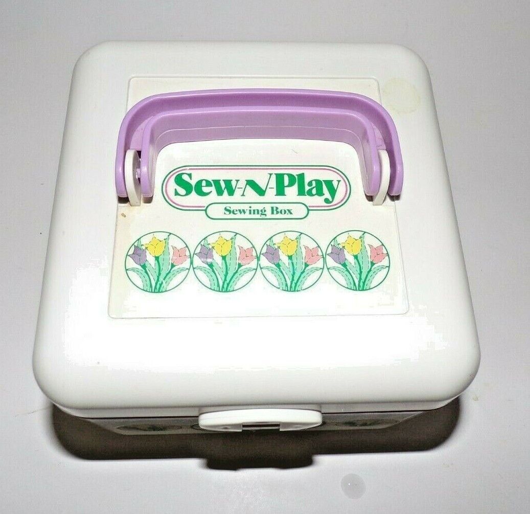Vtg Sew-n-Play Sewing Box White Purple Tulip Design Tape Thread Toy Scissors 