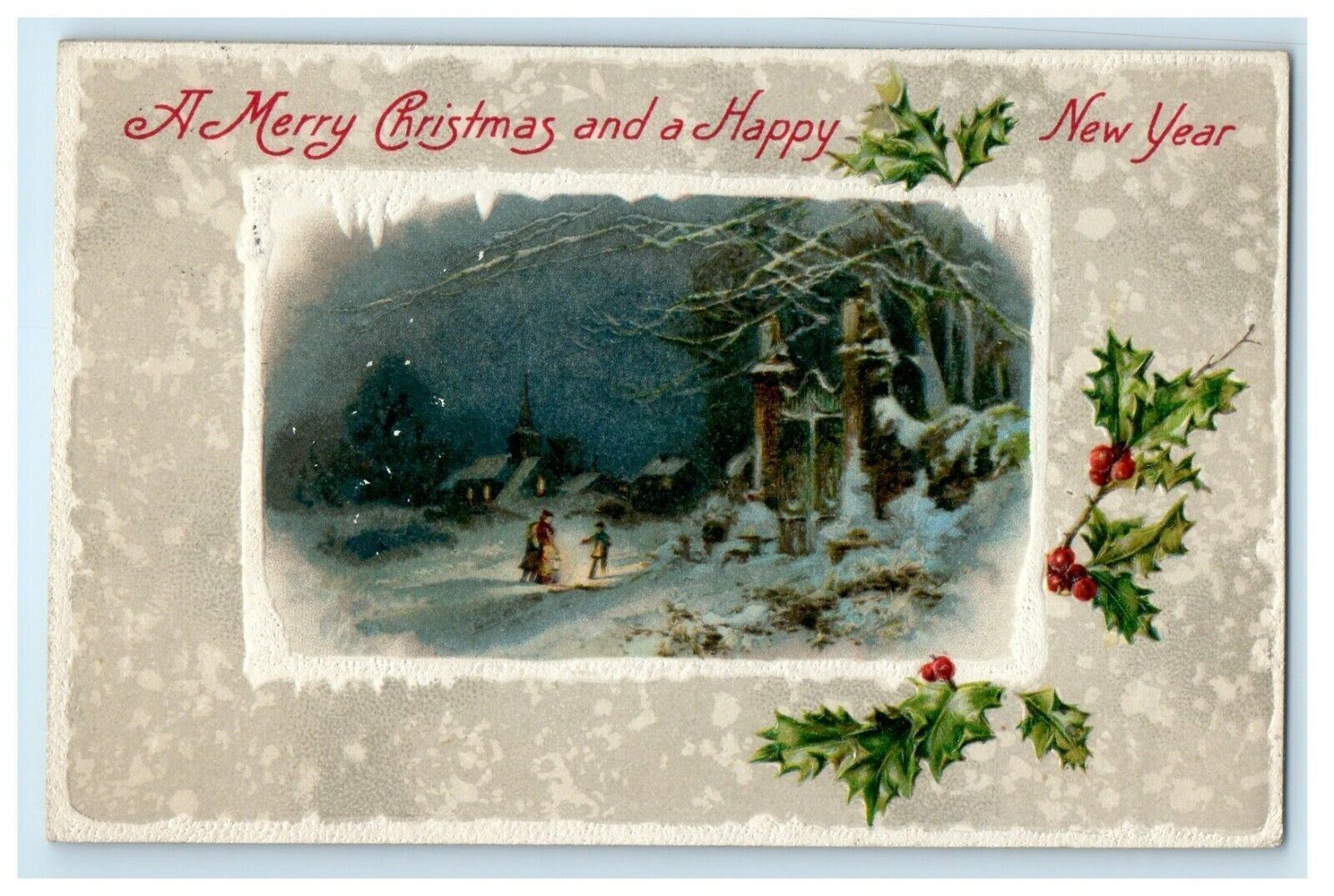 1908 Christmas Winter Snow Scene Holly Berries Winsch Back Embossed Postcard