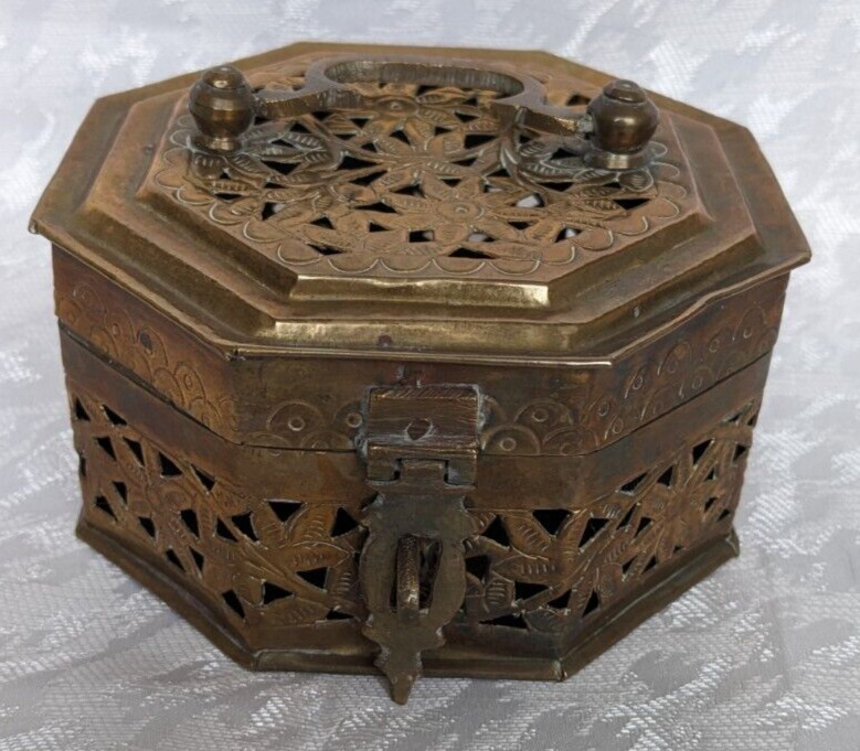 Pierced Brass Cricket Potpourri Box Octagon Floral Design