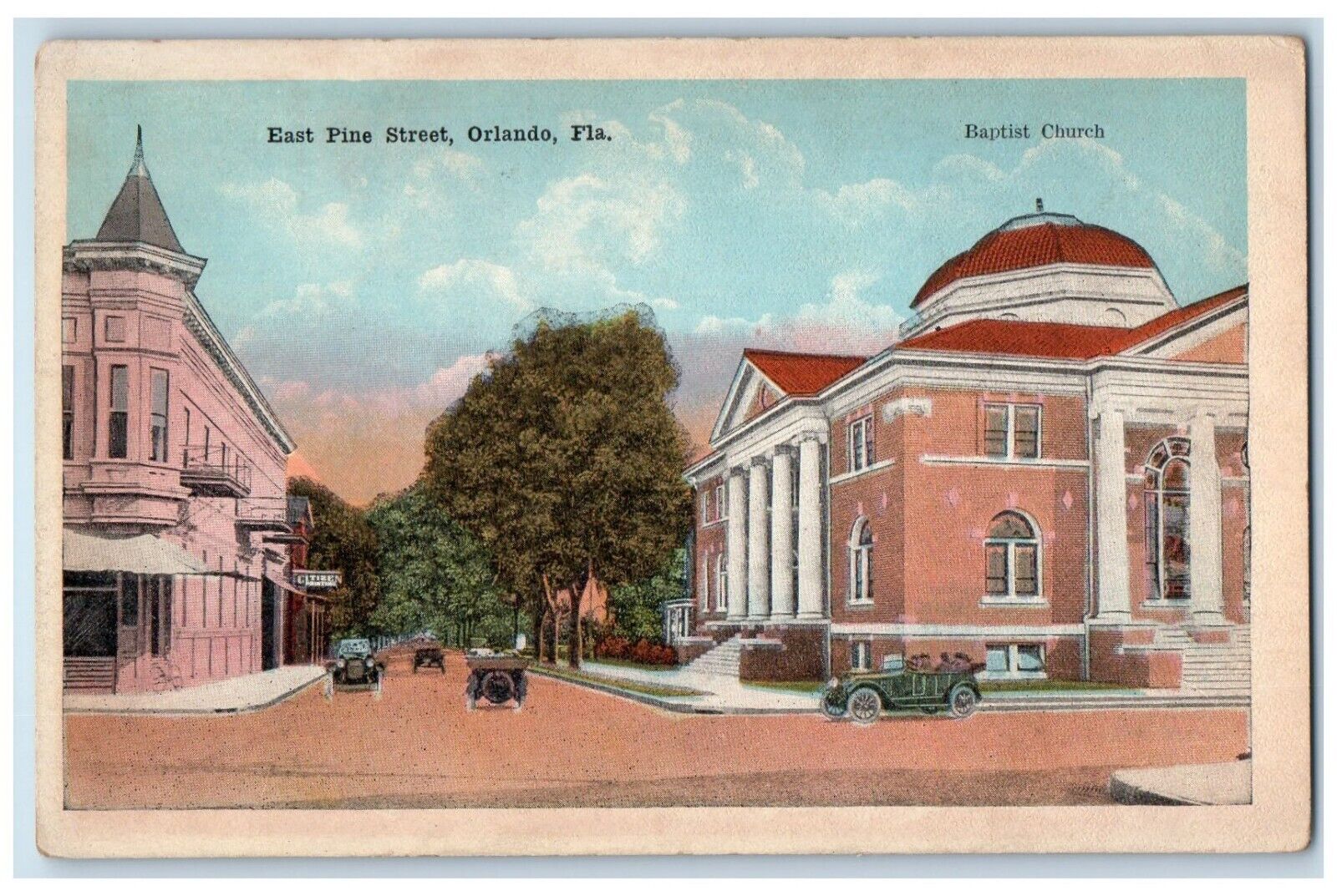 c1910 East Pine Street Baptist Church Classic Cars Orlando Florida FL Postcard
