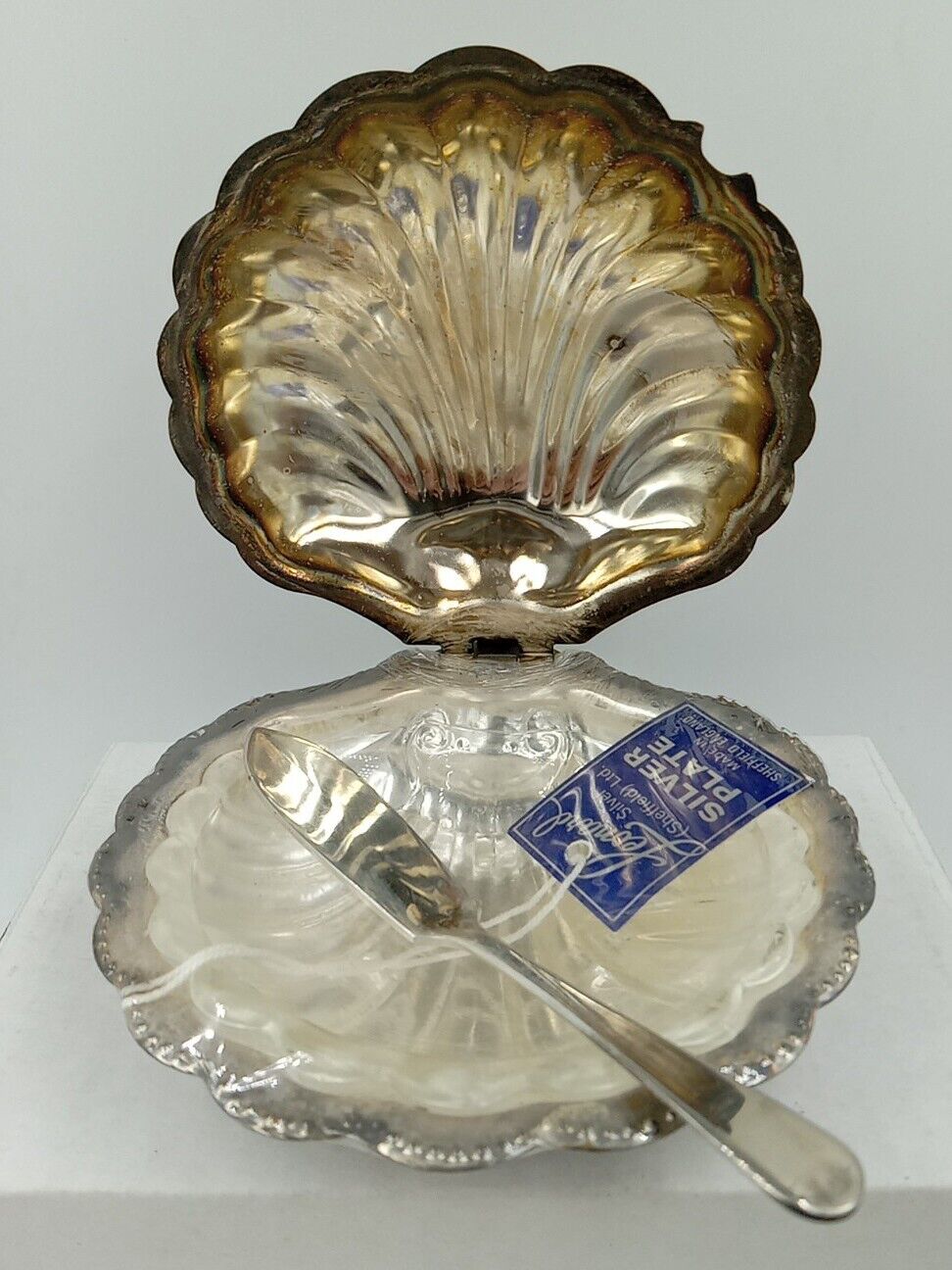 English silver plated clam shell CAVIAR BUTTER dish W/ glass liner & Knife 5.5\