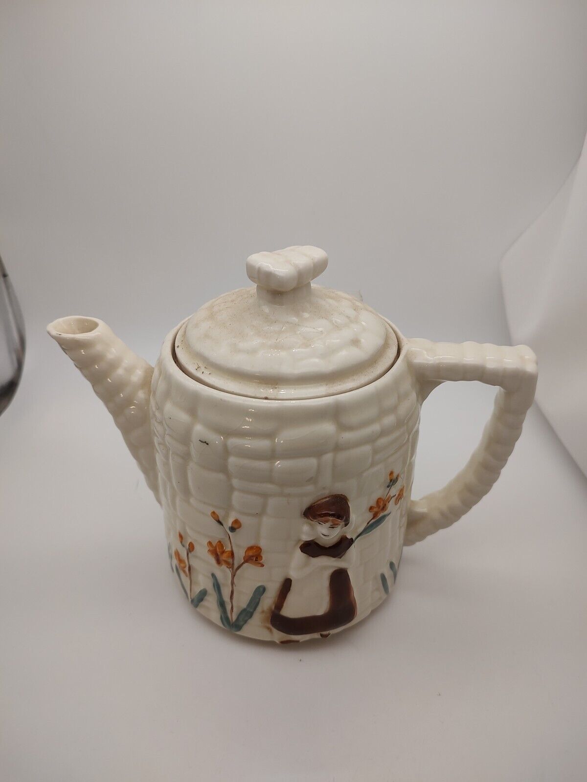 Vintage Porceleir Cobblestone China Teapot Cream Color Young Woman With Flowers